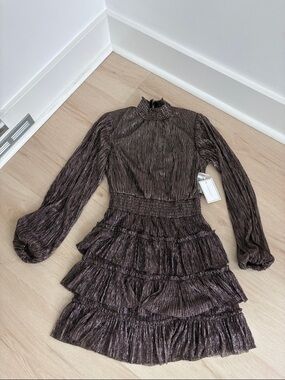 Long-Sleeve Metallic Tiered Mini Dress in Brown